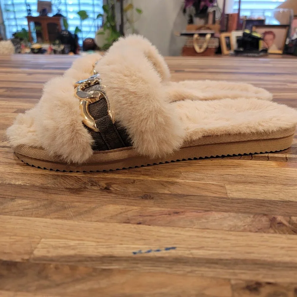 Michael Kors Scarlett Chain Cozy Faux Fur Slippers in camel multi color
